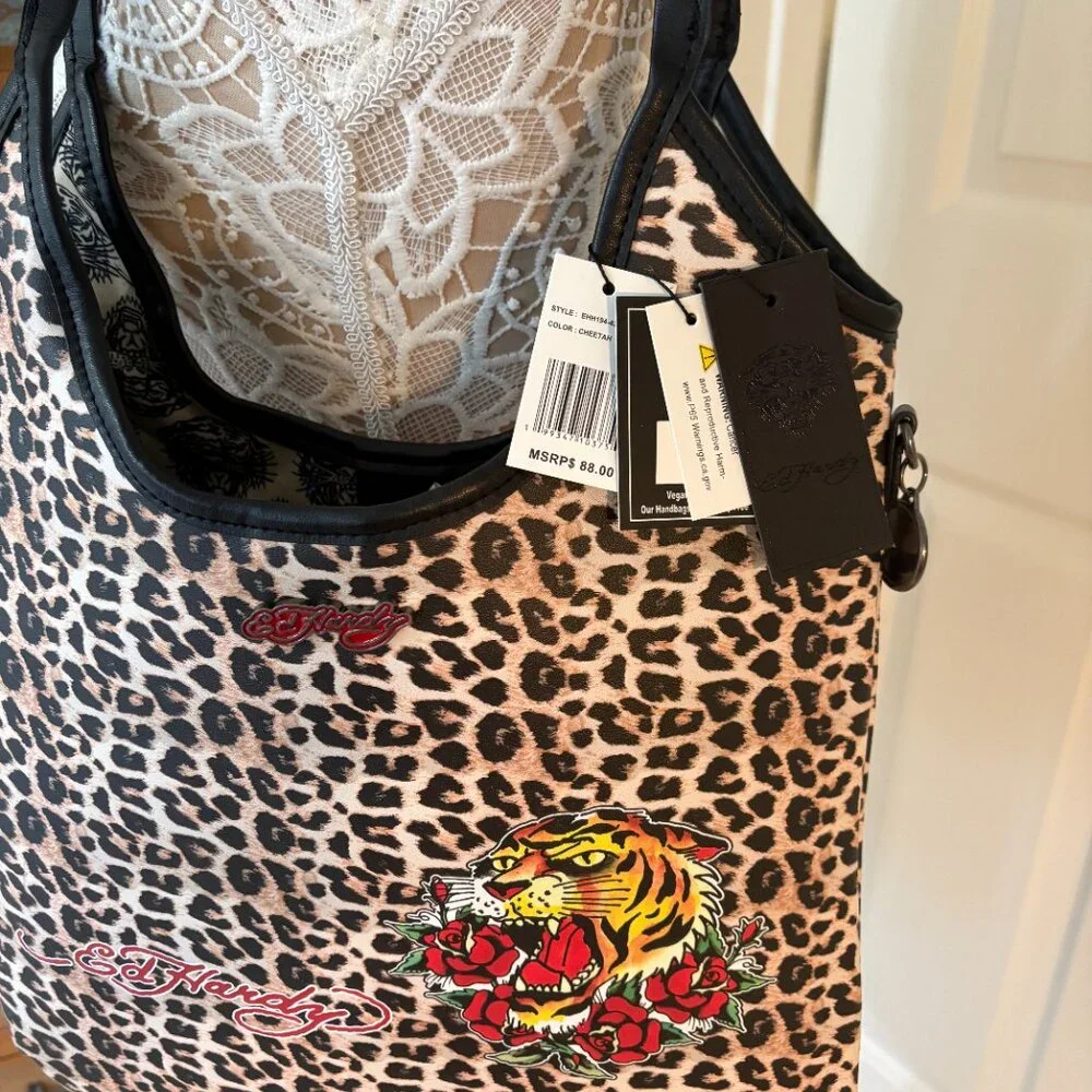 Ed Hardy Cheetah Tote / Animal Print Bag- Double Handle Purse - Y2K - NWT